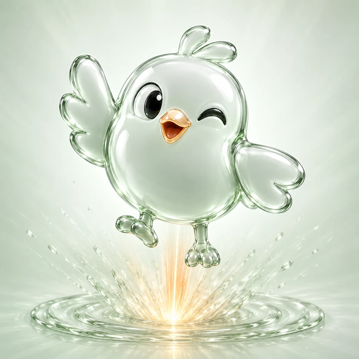 Bird Pons launching upward from a glowing glass ripple