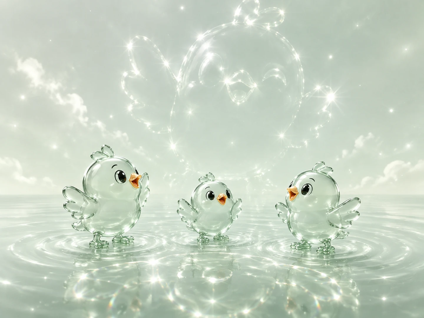 Three glass birds discovering a giant bird-shaped reflection in the sky