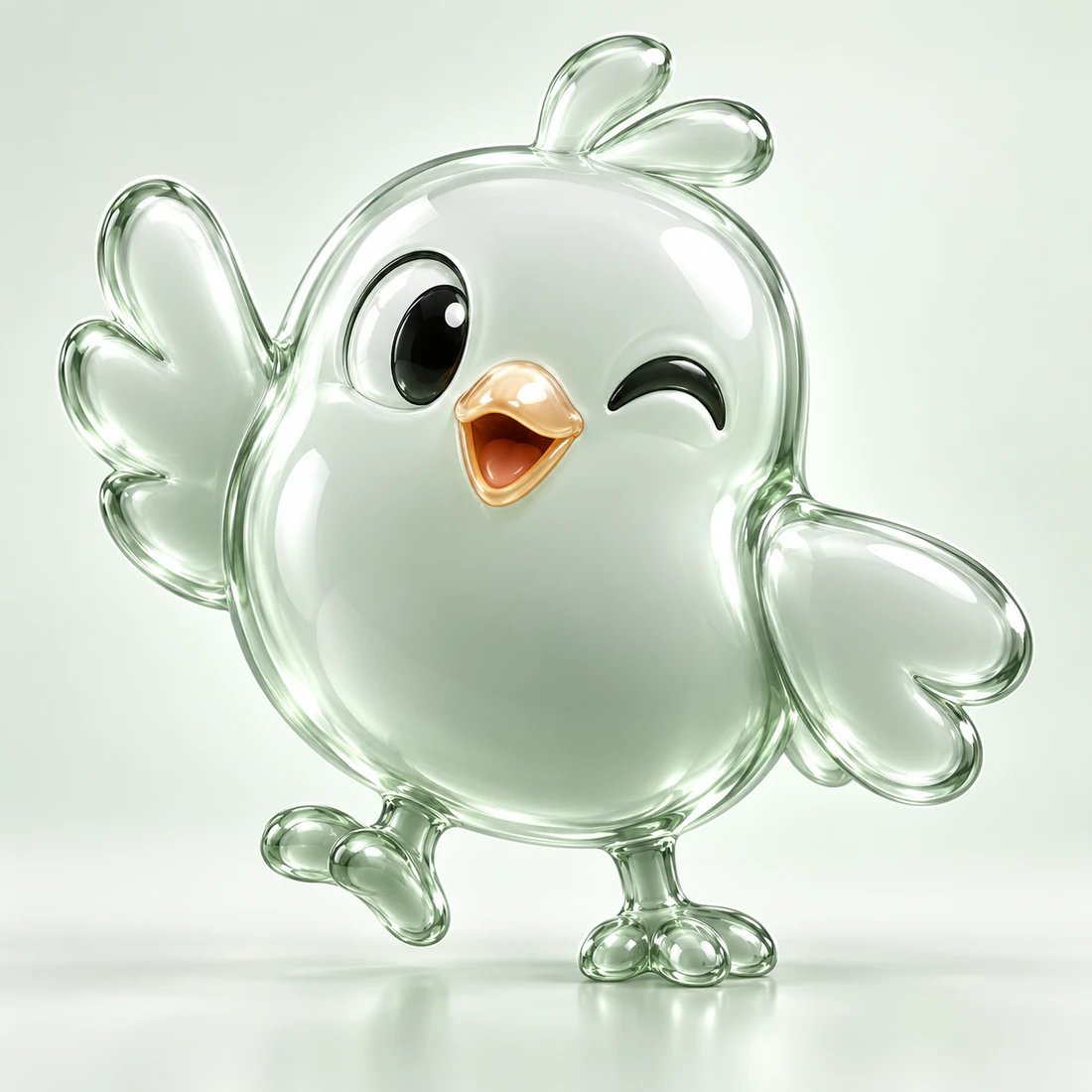 A joyful transparent glass bird waving